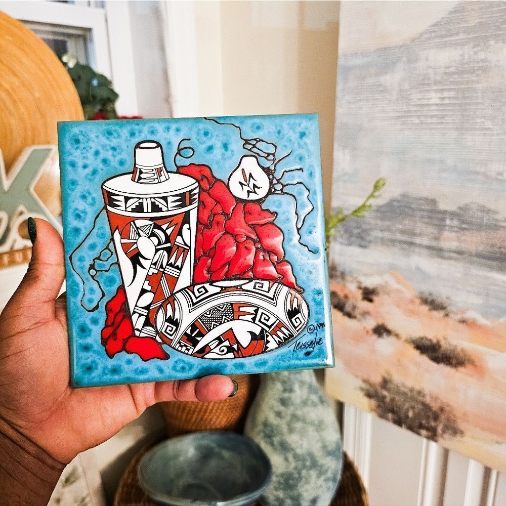 VTG 90's Cleo Teissedre Southwestern Designed Ceramic Art Tile Coaster.